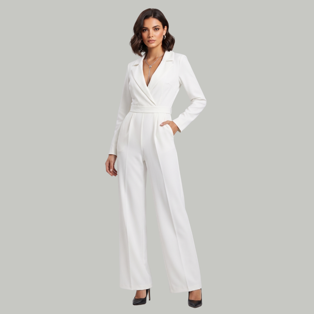 Produktbild – Elizabeth – Kvinno-jumpsuit med krage och vida ben