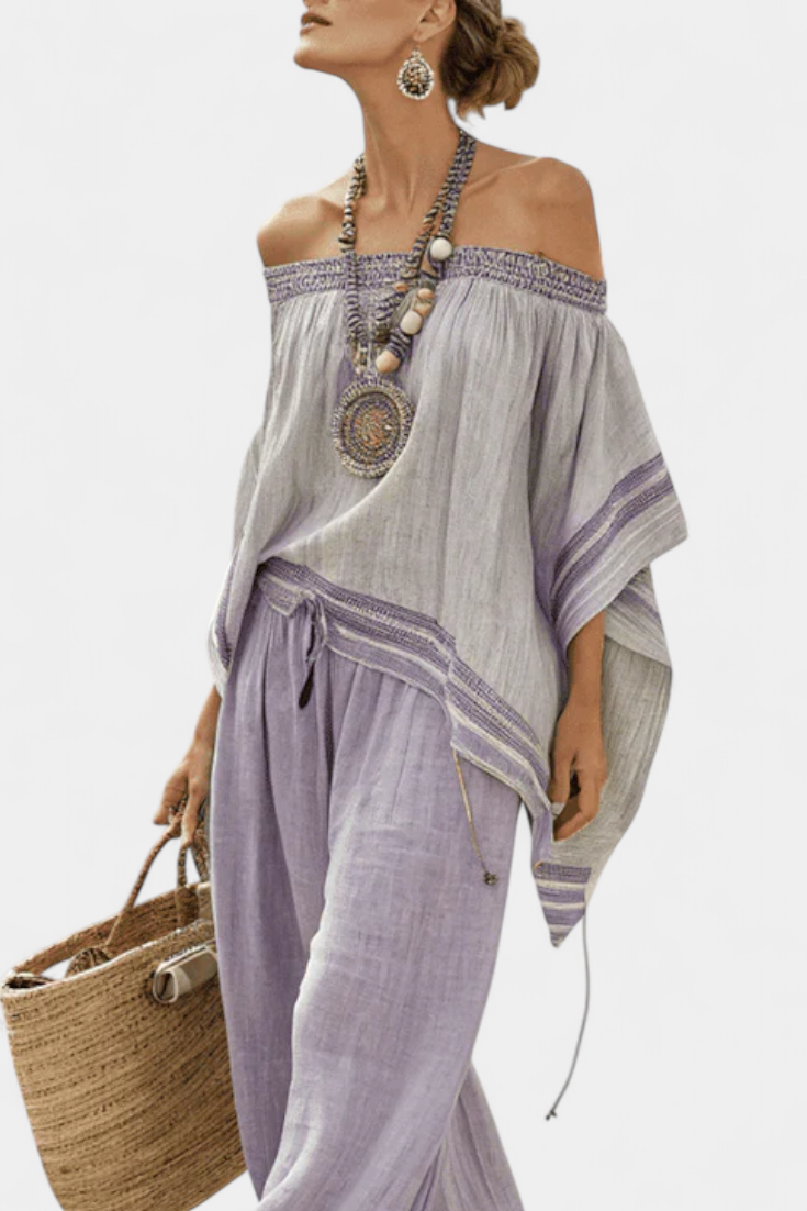 Produktbild – Zandrel – Elegant Off-Shoulder Top & Vida Byxor med Rand