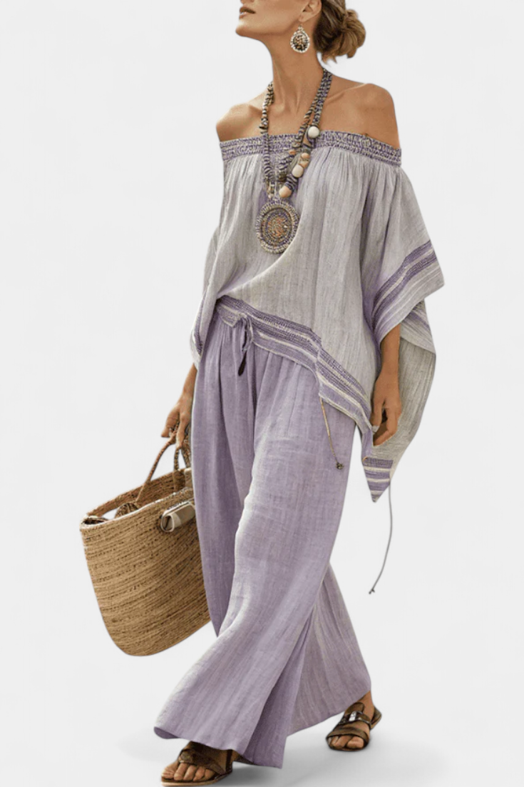 Produktbild – Zandrel – Elegant Off-Shoulder Top & Vida Byxor med Rand