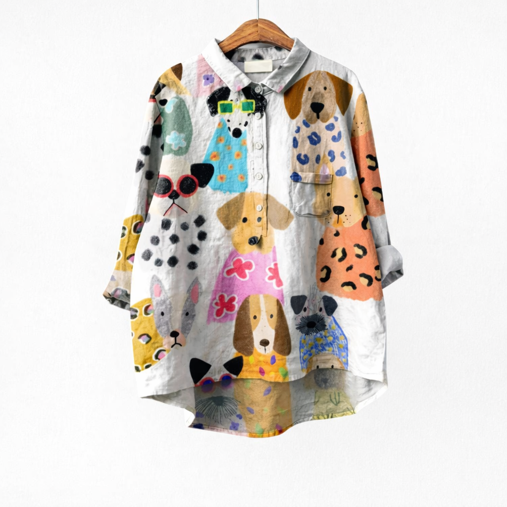 Maja | Elegant blus med hundmotiv, 1+1 på köpet