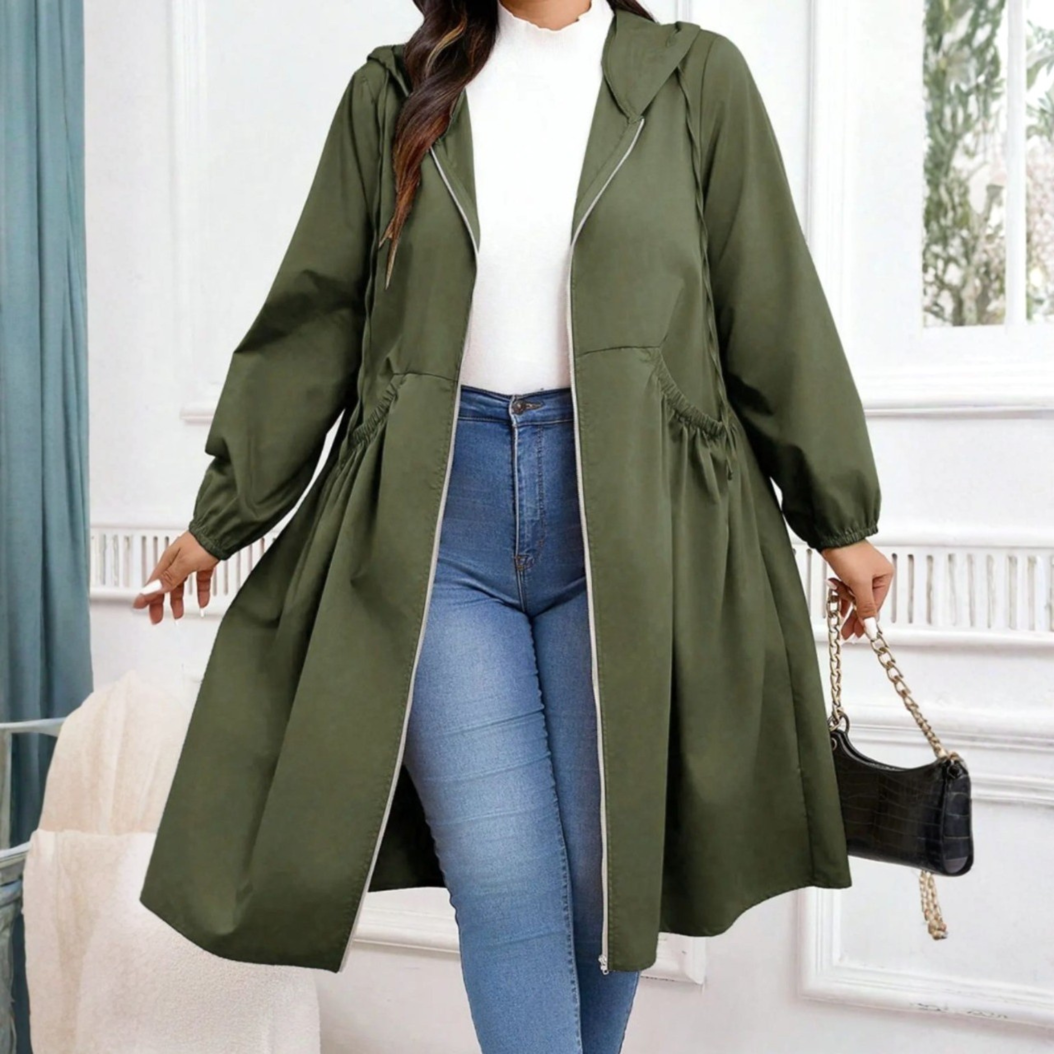 Produktbild – Avril – Avslappnad Plus Size Dragkedja Med Huva Långärmad Kappa