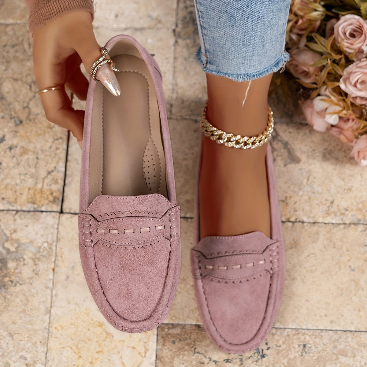 Marie | Loafers i mockaimitation med vågad kant