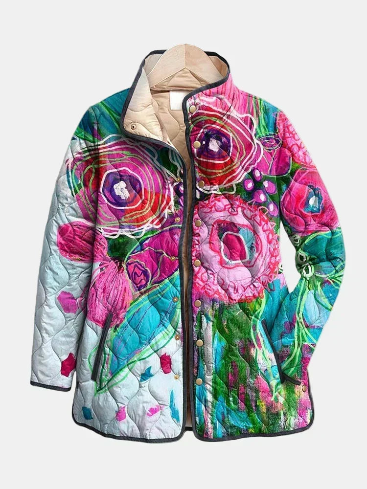 Lucie | Quiltad jacka med blommigt akvarellmönster