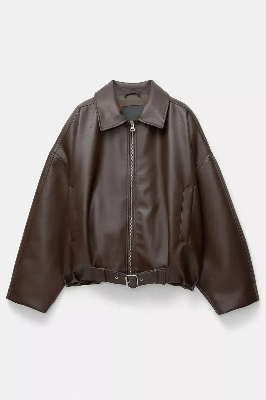 Solène | Brun oversize läderjacka med bälte