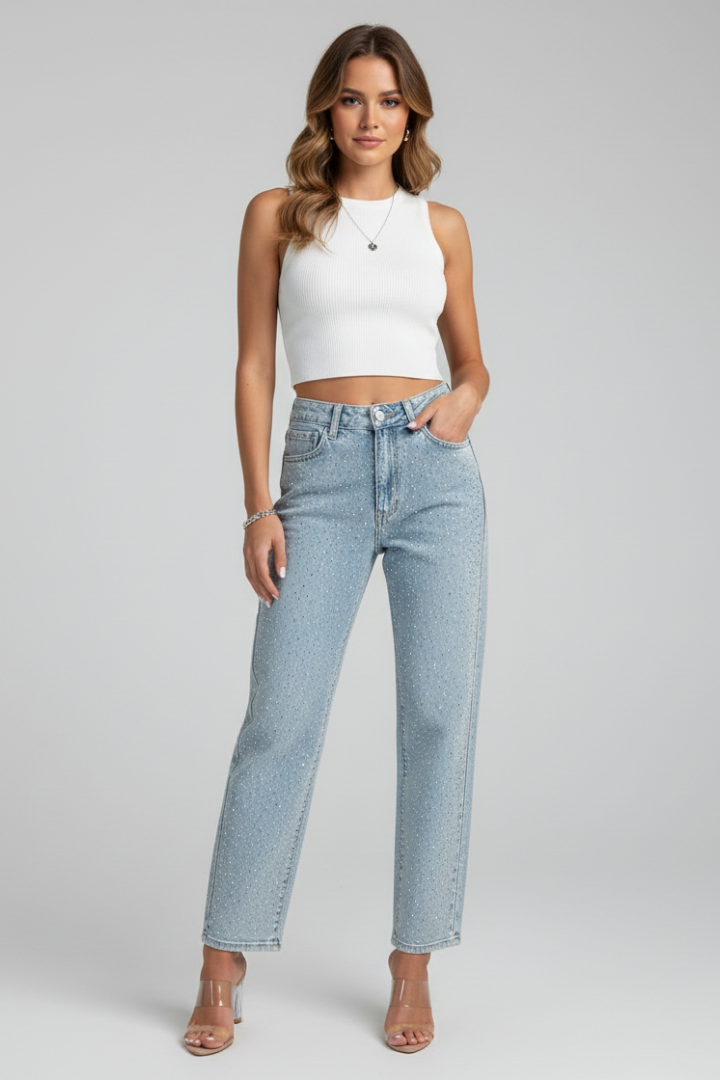 Produktbild – Katherine – Damens Högmidjade Glittrande Rakben Jeans
