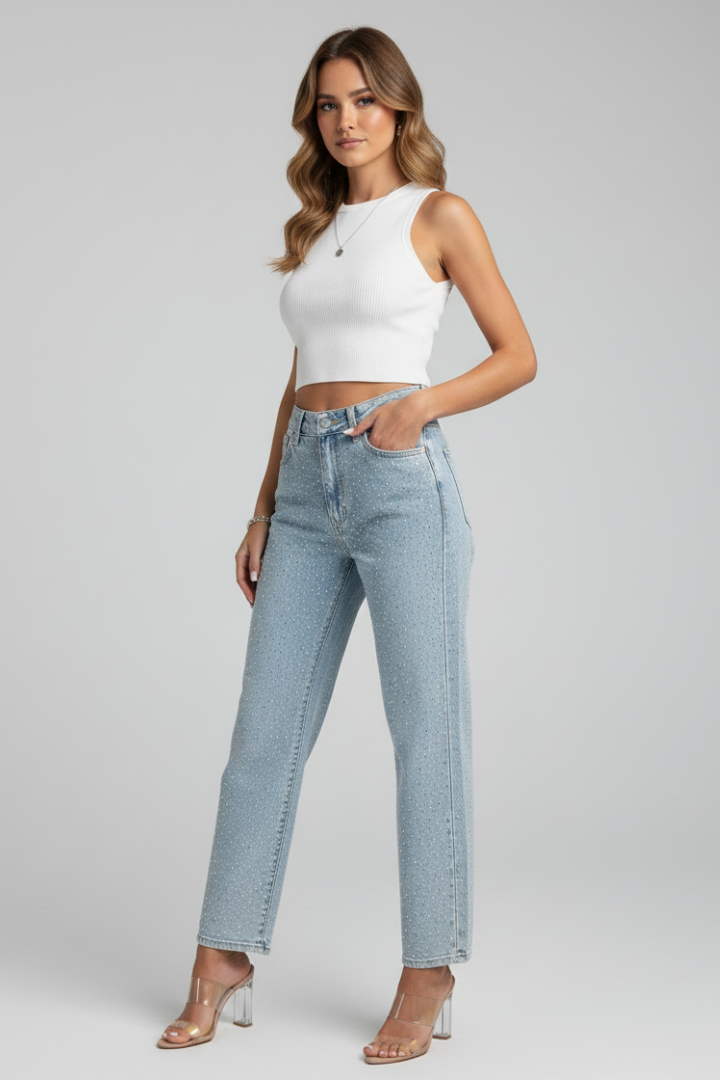 Produktbild – Katherine – Damens Högmidjade Glittrande Rakben Jeans