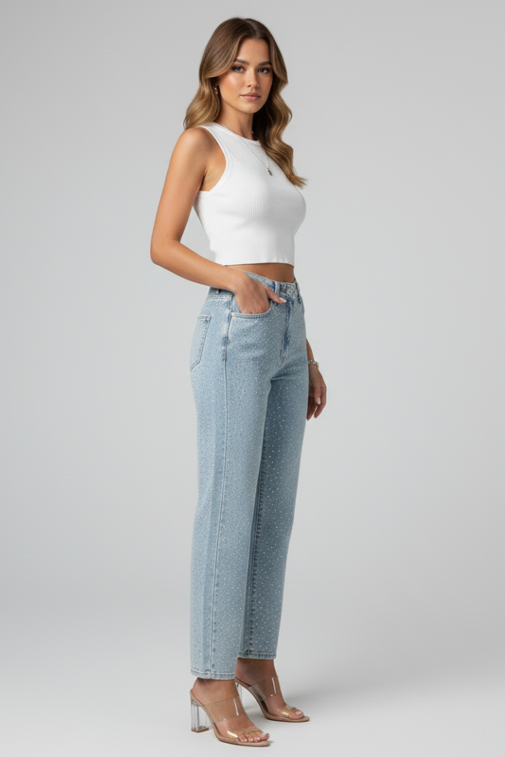 Produktbild – Katherine – Damens Högmidjade Glittrande Rakben Jeans