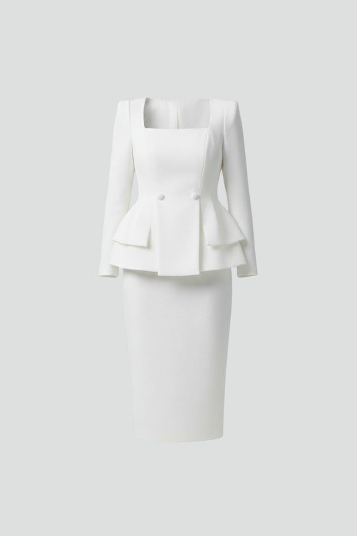 Produktbild – Kylie – Dam Blazer med Fyrkantig Halsringning och Kjol