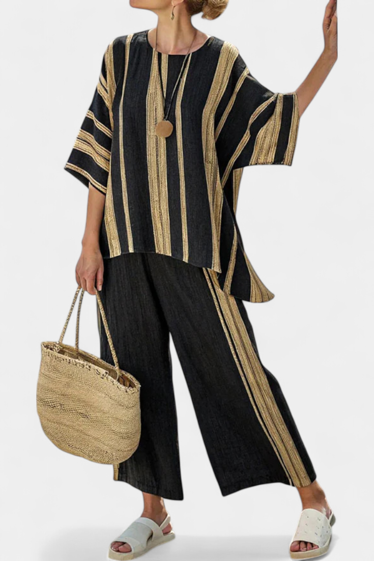 Produktbild – Calden – Bekväm Oversized Randig Topp & Avslappnade Linnebyxor