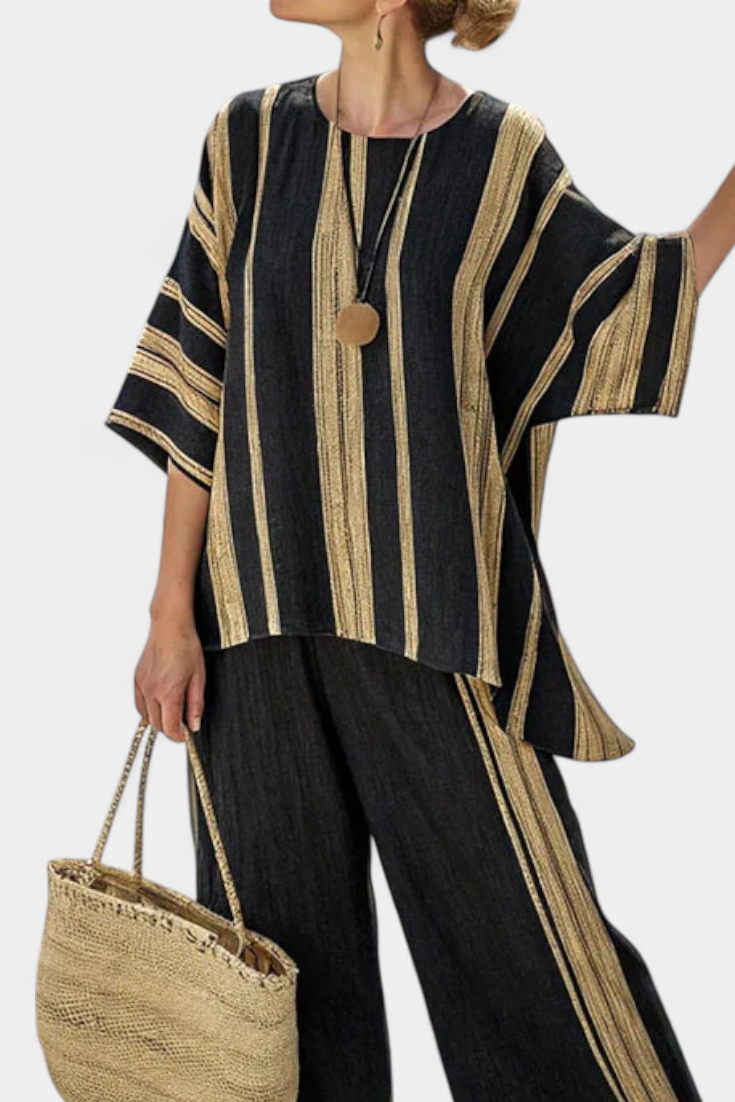 Produktbild – Calden – Bekväm Oversized Randig Topp & Avslappnade Linnebyxor