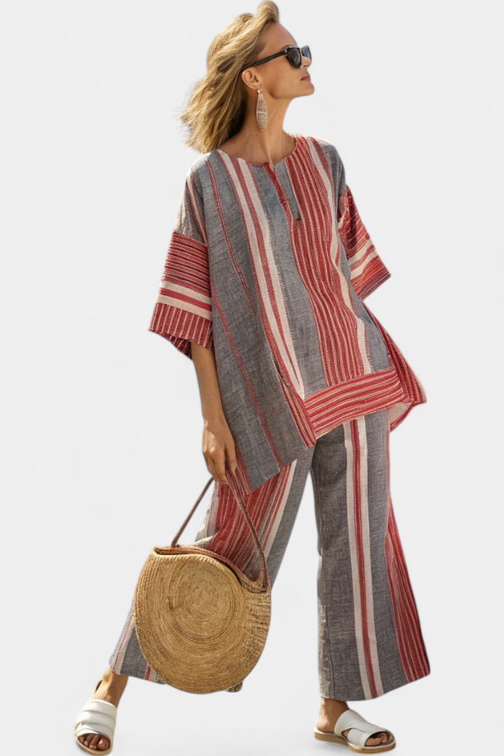 Produktbild – Bravine – Elegant korallgrå linne topp & vida byxor