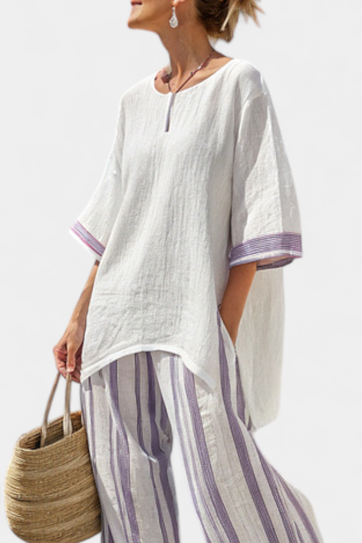 Produktbild – Luxmere – Bekväm Avslappnad Blus & Randiga Bambu Byxor