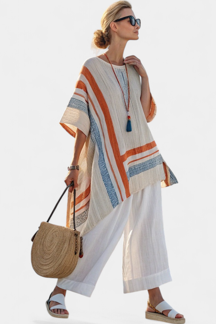 Produktbild – Caevan – Sofistikerad Asymmetrisk Blus & Vida Linbyxor