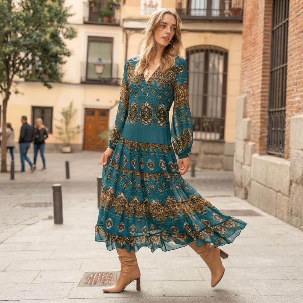 Produktbild – Evelyn – Midi Klänning Boho Medallion Tryck Puffärmar Tiered