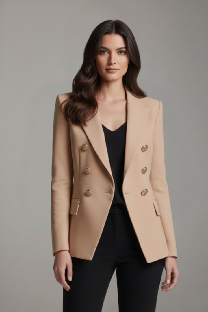 Produktbild – Rebecca – Damens dubbelknäppta blazer med detaljer i guldton
