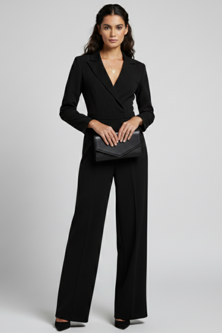 Produktbild – Charlotte – Skräddarsydd Jumpsuit Med Omlott Fram Och Vida Ben För Dam