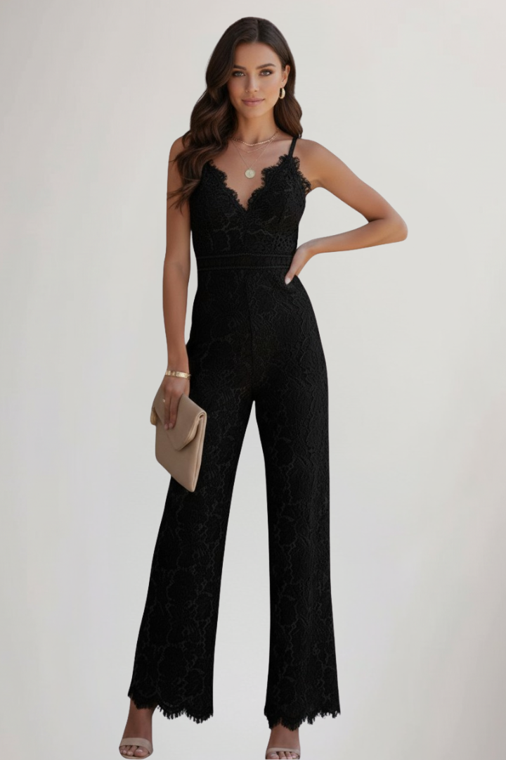 Produktbild – Emily – Ärmlös V-ringad Jumpsuit Med Spets Och Vida Ben För Dam