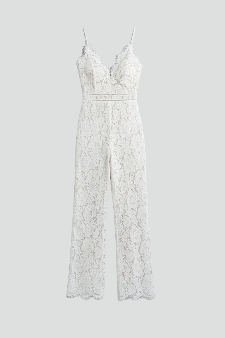 Produktbild – Emily – Ärmlös V-ringad Jumpsuit Med Spets Och Vida Ben För Dam