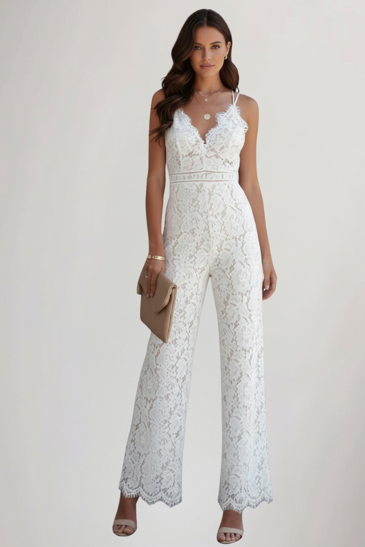 Produktbild – Emily – Ärmlös V-ringad Jumpsuit Med Spets Och Vida Ben För Dam