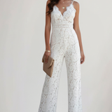 Produktbild – Emily – Ärmlös V-ringad Jumpsuit Med Spets Och Vida Ben För Dam