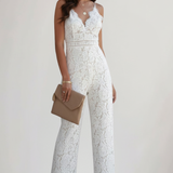 Produktbild – Emily – Ärmlös V-ringad Jumpsuit Med Spets Och Vida Ben För Dam