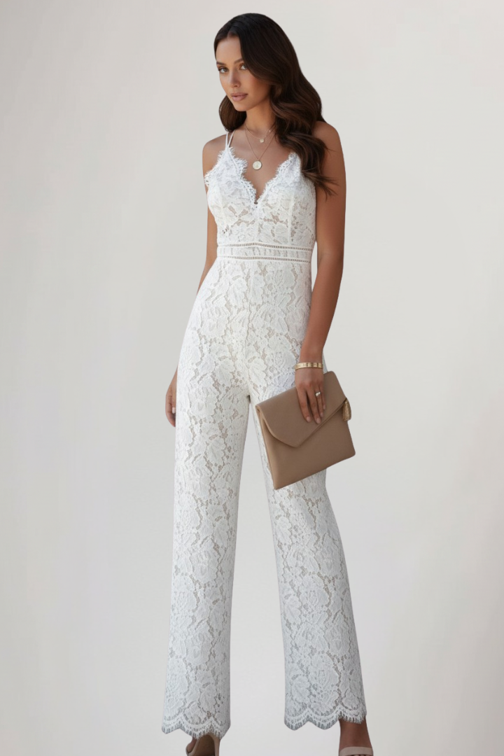 Produktbild – Emily – Ärmlös V-ringad Jumpsuit Med Spets Och Vida Ben För Dam