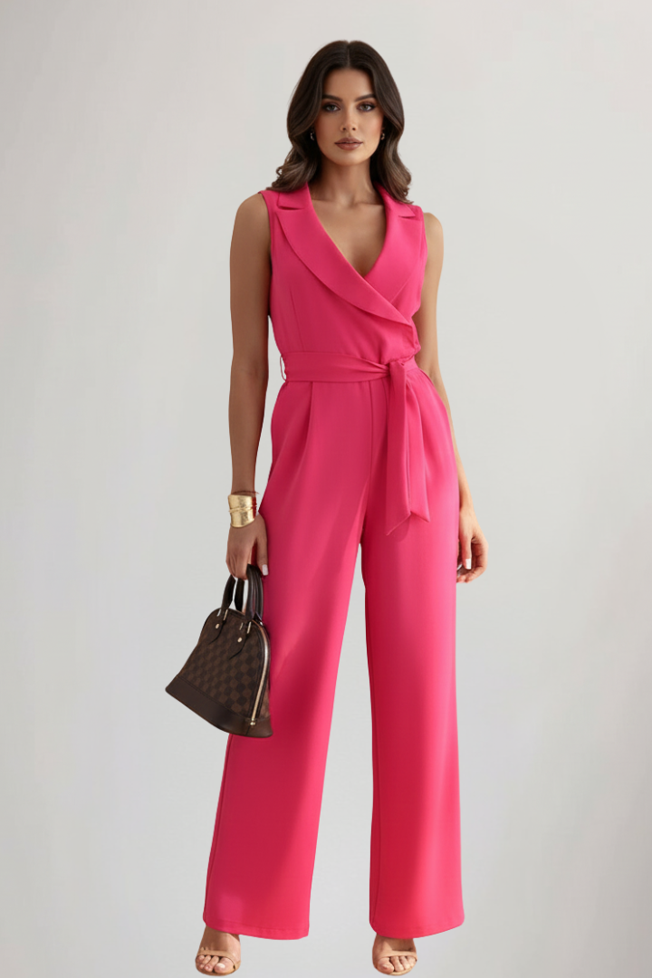 Produktbild – Kimberly – Ärmlös V-ringad Jumpsuit Med Knytmidja För Dam