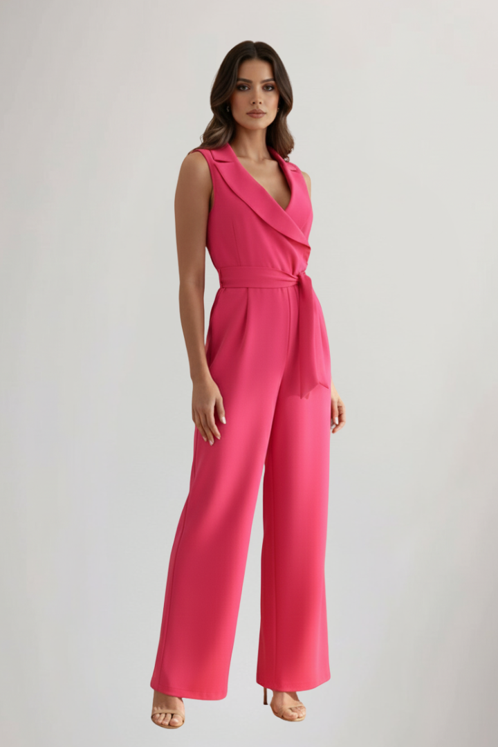 Produktbild – Kimberly – Ärmlös V-ringad Jumpsuit Med Knytmidja För Dam