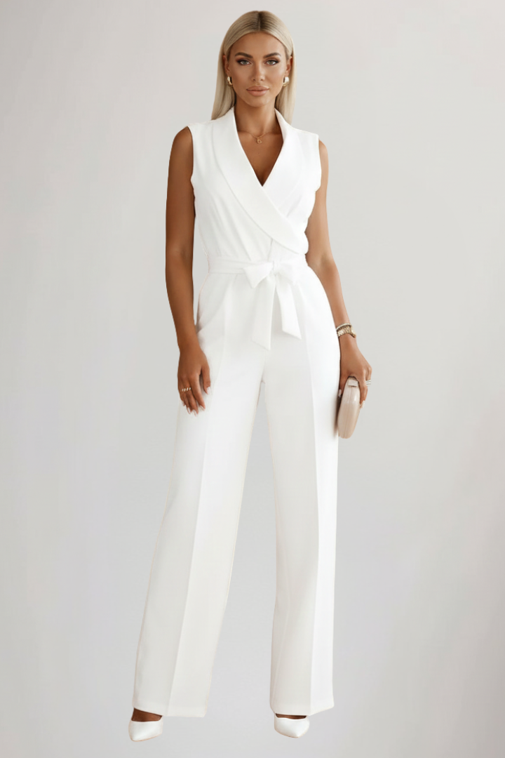 Produktbild – Kimberly – Ärmlös V-ringad Jumpsuit Med Knytmidja För Dam