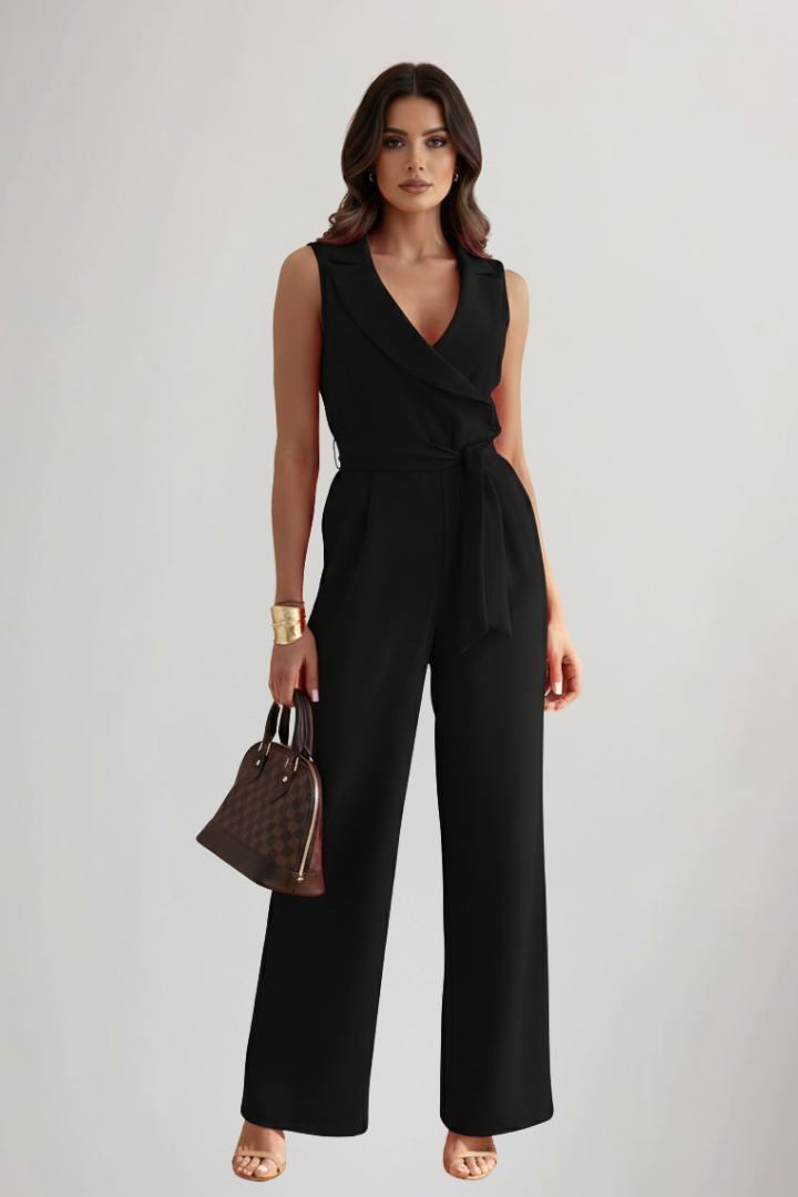 Produktbild – Kimberly – Ärmlös V-ringad Jumpsuit Med Knytmidja För Dam
