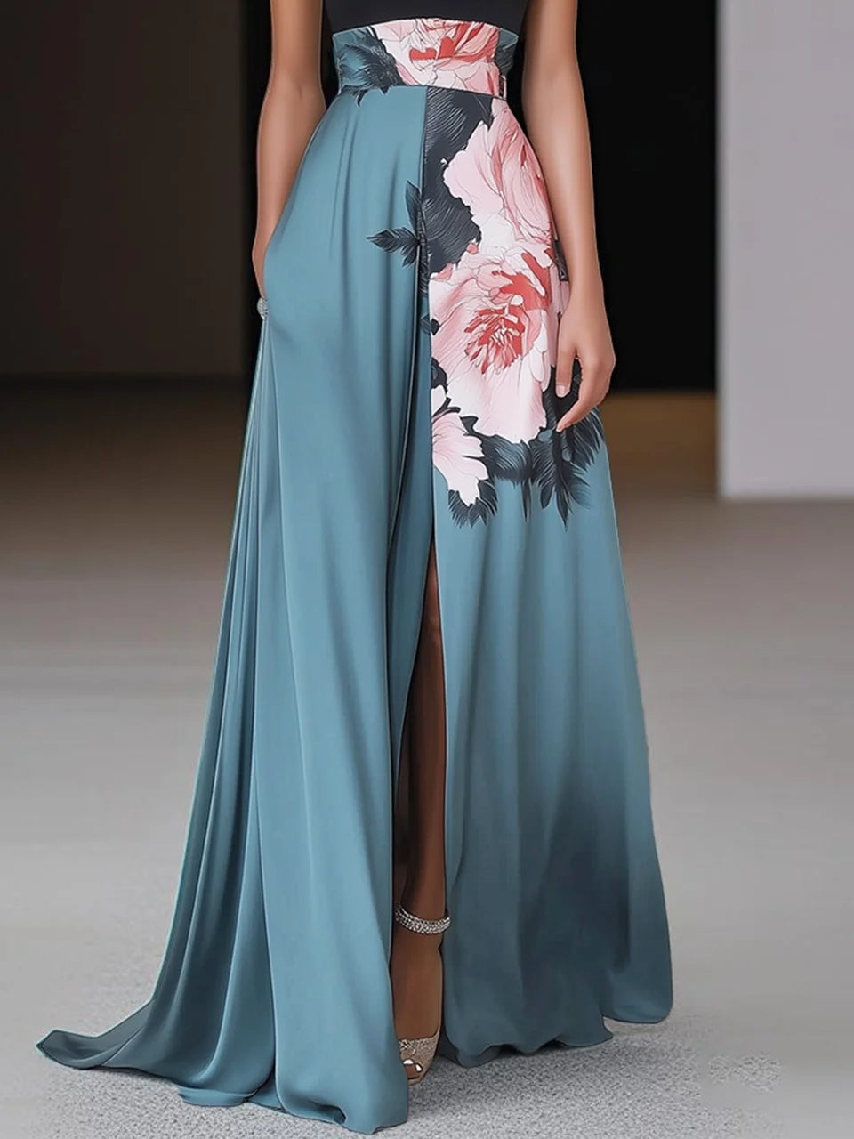 Produktbild – Dakota – Chic Ärmlös Blommig A-linjemaxiklänning Med Slits Och Rund Halsringning För Dam