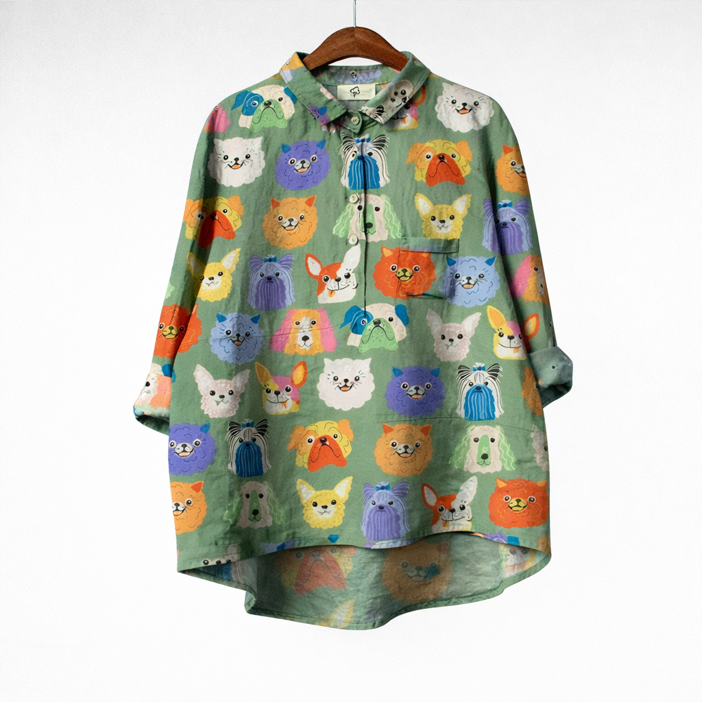Maja | Elegant blus med hundmotiv, 1+1 på köpet