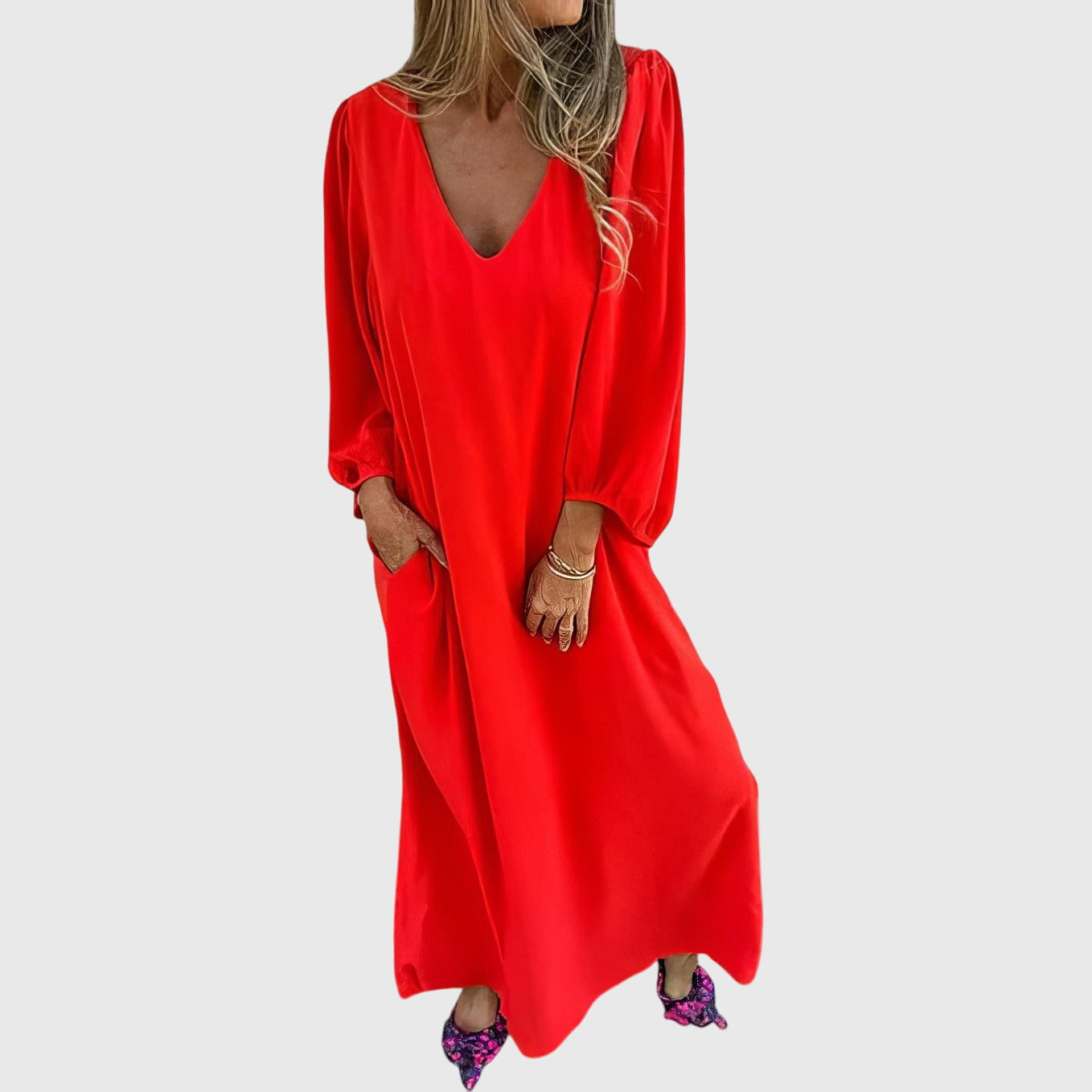 Produktbild – Carol – Lång Boho Klänning Med Fickor