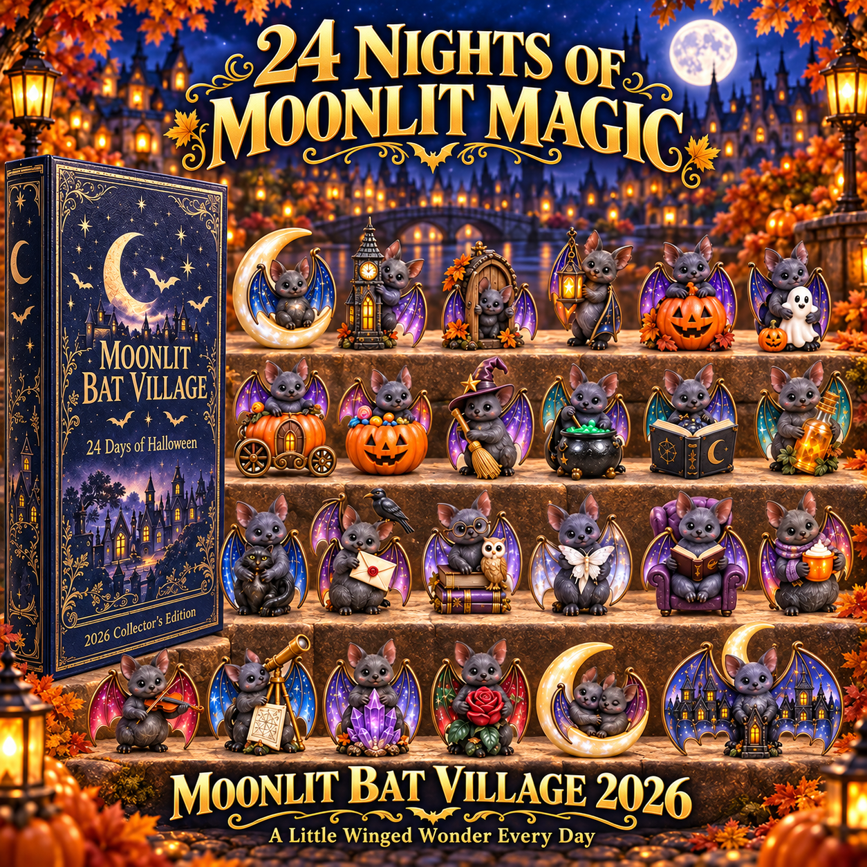 Halloweenadventskalender 2026 – fladdermusby i månsken – bild 1