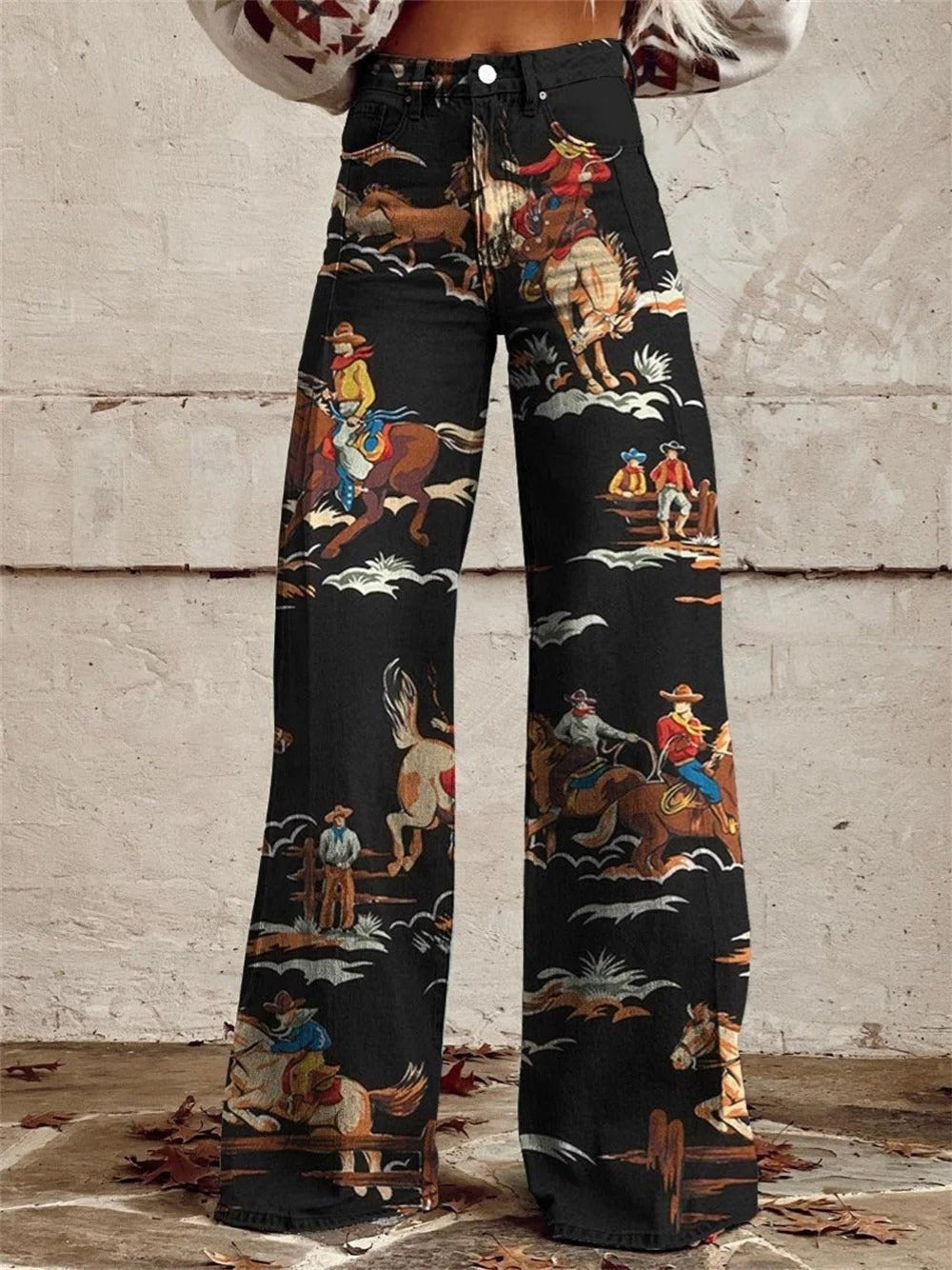 Produktbild – Grace – Denim Western Print Högmidjade Vida Byxor