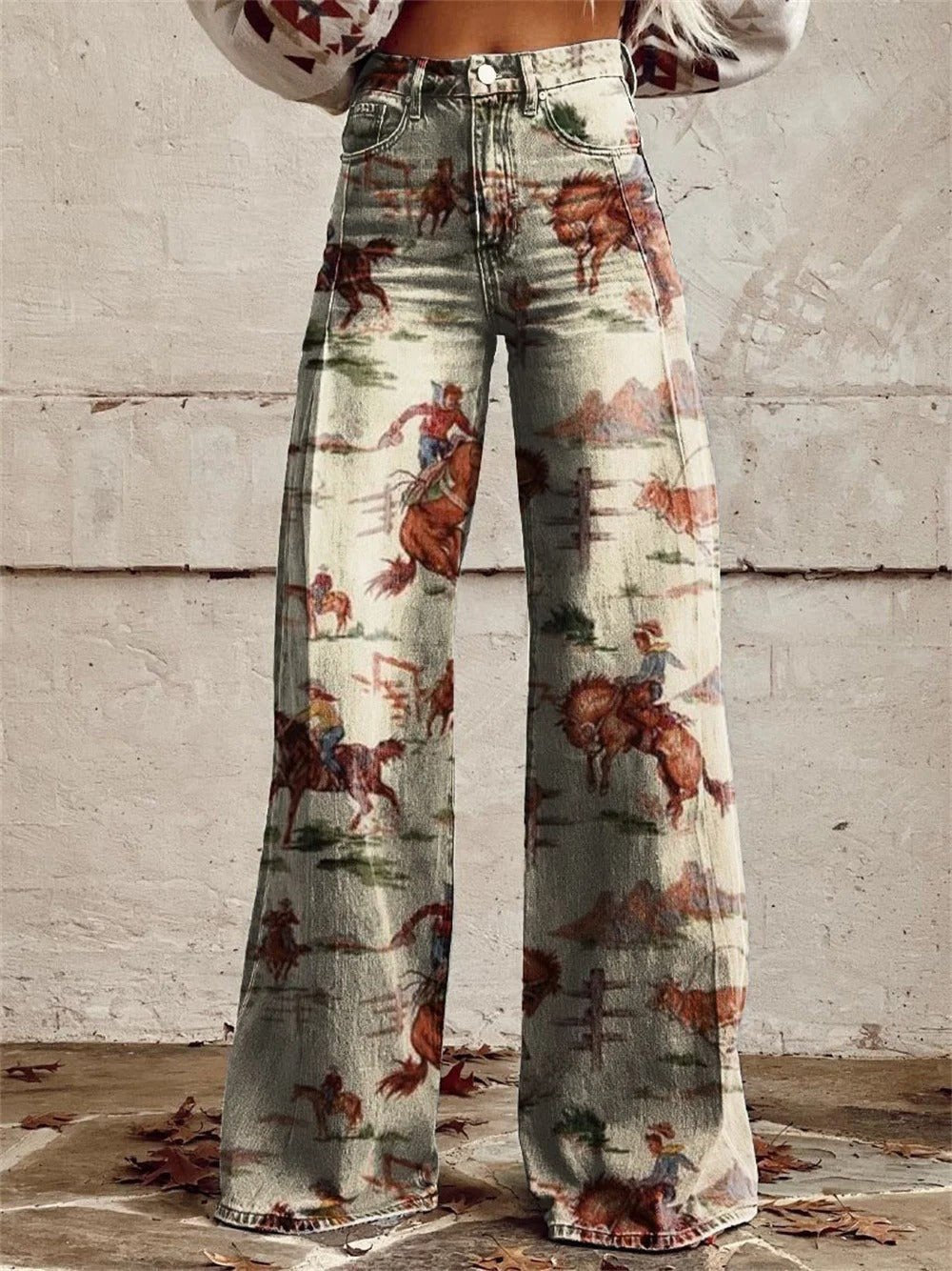Produktbild – Grace – Denim Western Print Högmidjade Vida Byxor