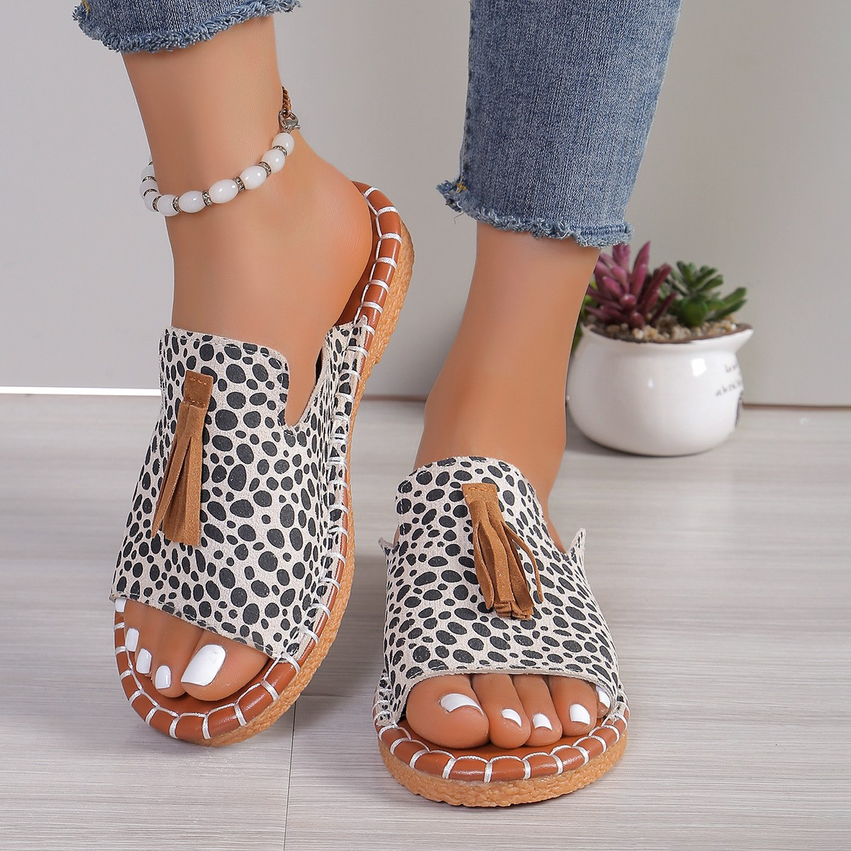 Produktbild – Aria – Damens Slide Sandaler Öppen Tå Fringed Bohemisk Platt