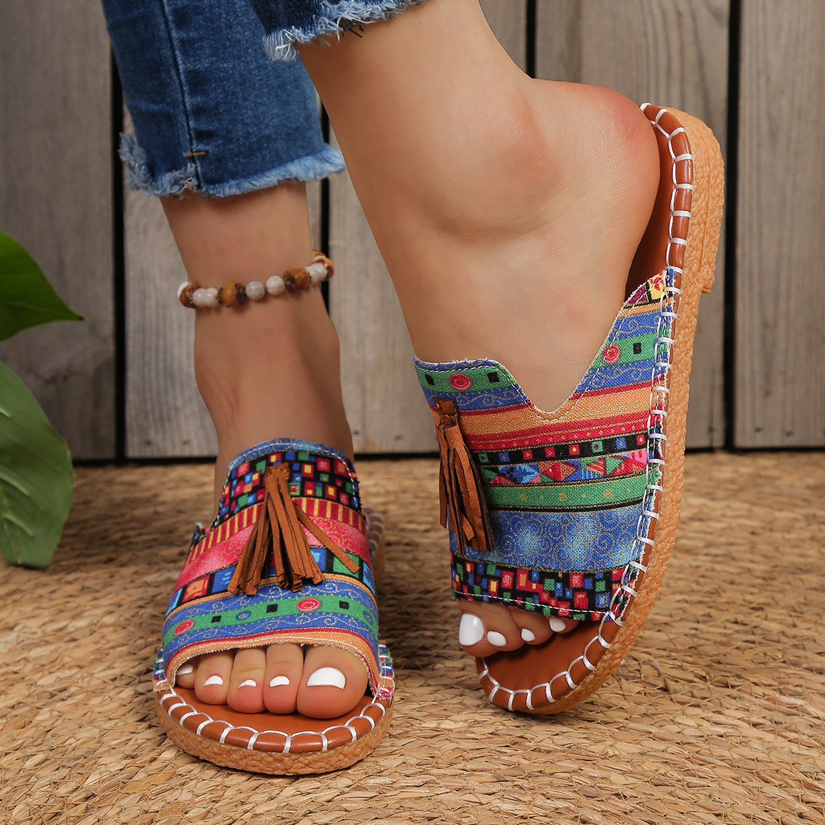 Produktbild – Aria – Damens Slide Sandaler Öppen Tå Fringed Bohemisk Platt
