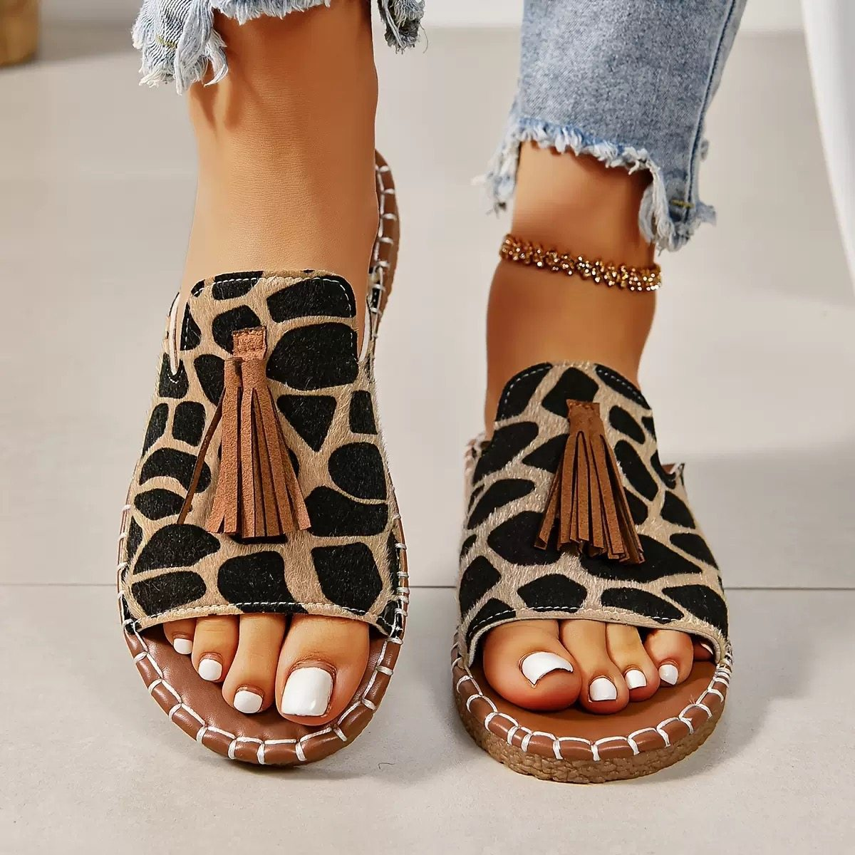 Produktbild – Aria – Damens Slide Sandaler Öppen Tå Fringed Bohemisk Platt