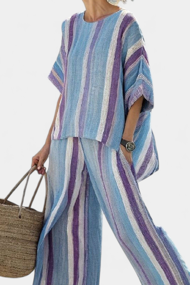 Produktbild – Faelith – Elegant Mauve Pastell Topp & Randiga Linnebyxor