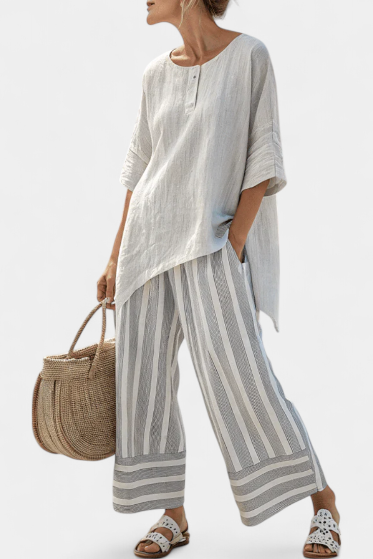 Produktbild – Talvora – Elegant Asymmetrisk Blus & Randiga Byxor
