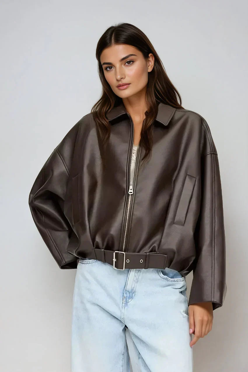 Solène | Brun oversize läderjacka med bälte