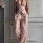 Produktbild – Olivia – Linväst med Vida Byxor Set utan Ärmar med Krage