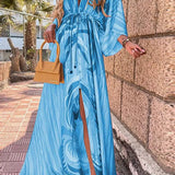 Produktbild – Mia – Maxi Klänning V-Hals Kimono Ärmar Abstrakt Tryck Slits