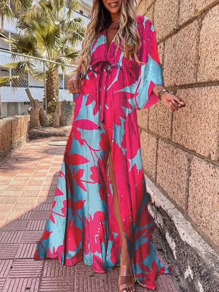 Produktbild – Mia – Maxi Klänning V-Hals Kimono Ärmar Abstrakt Tryck Slits