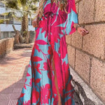 Produktbild – Mia – Maxi Klänning V-Hals Kimono Ärmar Abstrakt Tryck Slits