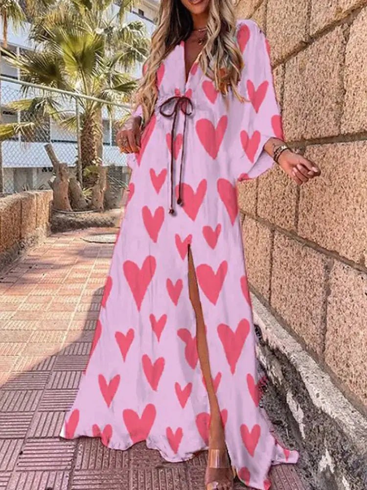 Produktbild – Mia – Maxi Klänning V-Hals Kimono Ärmar Abstrakt Tryck Slits
