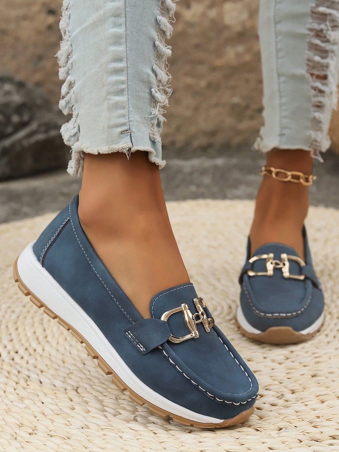 Produktbild – Emma – Damens Platta Loafers Slip-On Spänne Komfort Gångskor