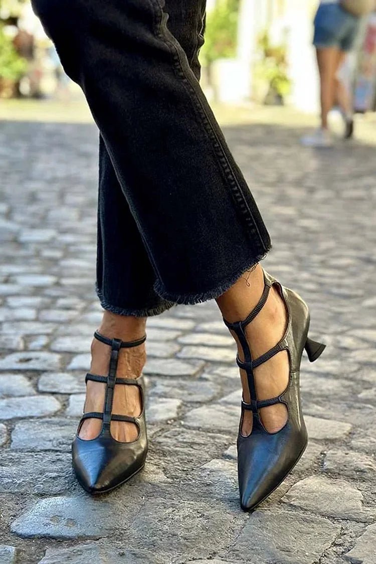 Produktbild – Olivia – Damers Spetsiga Pumps med Remmar och Låg Blockklack