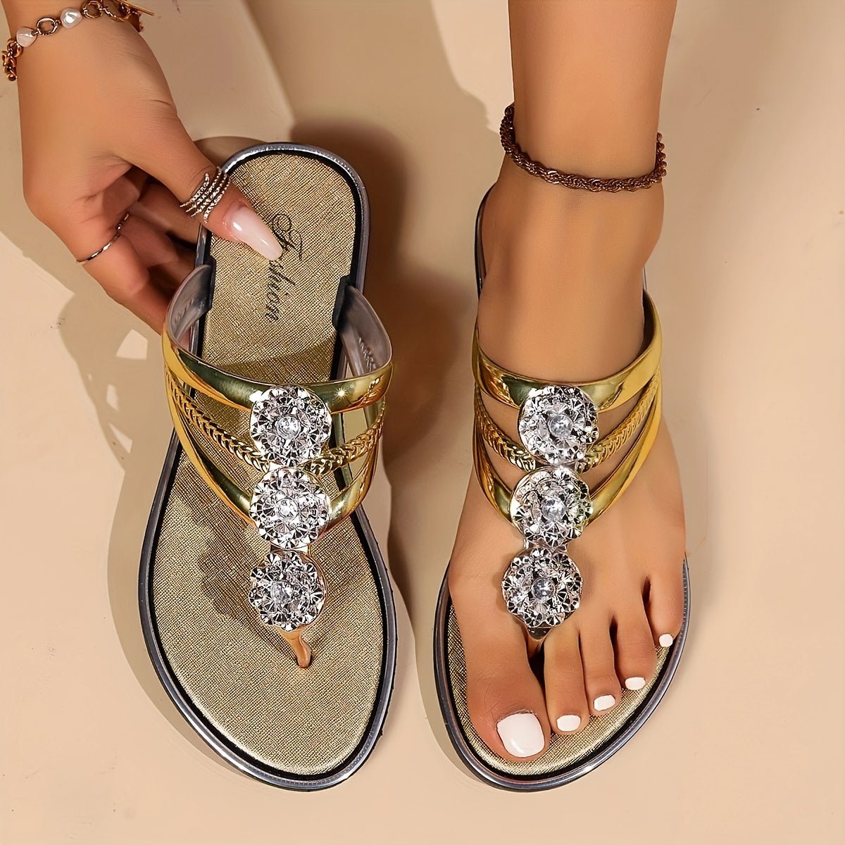 Produktbild – Harper – Dam Rhinestone T-Strap Platta Sandaler Slip-On